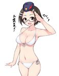  :o arm_at_side bare_shoulders bikini black-framed_eyewear breasts brown_eyes brown_hair collarbone cowboy_shot debutya_aki glasses groin gyakuten_saiban hair_ornament hairclip hat medium_breasts navel salute short_hair solo suzuki_mako swimsuit 