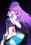  :d akiyama_cz4a bangs bare_shoulders black_background blue_skirt breasts drill_hair earrings eyebrows_visible_through_hair from_side fur-trimmed_skirt gradient gradient_background hand_up highres jewelry long_hair looking_at_viewer macross macross_delta medium_breasts mikumo_guynemer multicolored_hair nail_polish navel open_mouth purple_background purple_eyes purple_hair purple_nails skirt smile solo standing streaked_hair very_long_hair white_hair white_skirt wristband 