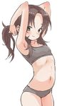  absurdres arched_back armpits arms_behind_head blush bra breasts brown_eyes brown_hair bunching_hair cowboy_shot grey_bra grey_panties highres long_hair looking_at_viewer navel original panties ponytail simple_background small_breasts smile solo sports_bra stomach underwear white_background yamamoto_souichirou 