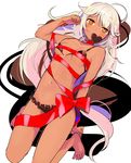  ahoge arm_up bare_legs barefoot bdsm bikini black_bikini bondage bound breasts bright_pupils chocolate chocolate_heart commentary_request dark_skin heart konbu_wakame long_hair looking_at_viewer lying navel o-ring o-ring_bikini orange_eyes original pink_hair ribbon ribbon_bondage small_breasts solo strap_slip swimsuit white_pupils 