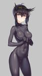  black_hair bodysuit breasts cameltoe closed_mouth commentary_request contrapposto covered_navel cowboy_shot expressionless eyebrows_visible_through_hair grey_background hair_between_eyes hatsuzuki_(kantai_collection) headband impossible_bodysuit impossible_clothes kantai_collection medium_breasts own_hands_together qin revision simple_background solo standing yellow_eyes 