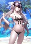  :o bangs beach bikini black_bikini blue_sky blurry blush breasts cloud cloudy_sky commentary_request cowboy_shot day depth_of_field eyebrows_visible_through_hair fate/grand_order fate_(series) front-tie_bikini front-tie_top grey_hair hand_up headpiece highres innertube jeanne_d'arc_(alter)_(fate) jeanne_d'arc_(fate)_(all) light_rays long_hair looking_at_viewer medium_breasts navel omoti_(1201208) outdoors parted_lips revision side-tie_bikini sky solo starfish sunbeam sunlight swimsuit thighs v-shaped_eyebrows very_long_hair yellow_eyes 