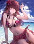  breasts brown_hair cleavage collarbone eyebrows_visible_through_hair fate/grand_order fate_(series) flower hair_flower hair_ornament hisahisahisahisa large_breasts long_hair looking_at_viewer navel red_eyes scathach_(fate)_(all) scathach_(swimsuit_assassin)_(fate) sitting solo water wet 