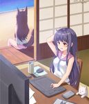  ahoge animal_ears artist_name bare_arms blue_hair brown_hair can cat cellphone dated desk drawing_tablet fox_ears fox_tail from_behind grimace hair_ornament hair_ribbon hand_on_own_head highres indoors kemo_(pokka) keyboard keyboard_(computer) long_hair looking_to_the_side monitor mouse_(computer) mousepad_(object) multiple_girls orange_eyes original panties phone purple_panties ribbon shirt sitting sleeveless sleeveless_shirt sliding_doors smartphone soda_can stylus t-shirt tail undershirt underwear veranda 