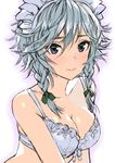  bare_arms bare_shoulders blush bow bra braid breasts cleavage collarbone commentary frilled_bra frills green_bow hair_bow hair_ribbon izayoi_sakuya looking_at_viewer maid_headdress matsuda_(matsukichi) medium_breasts messy_hair purple_eyes ribbon short_hair silver_hair simple_background sketch smile touhou twin_braids underwear upper_body white_background white_bra 