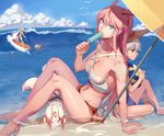  791_(meiyuewudi) animal_ears ball beach_umbrella benghuai_xueyuan blush breasts bronya_zaychik bunny_ears character_request cleavage food hat holding holding_ball large_breasts long_hair looking_at_viewer looking_away multiple_girls navel parted_lips pink_hair popsicle red_eyes short_hair silver_hair sitting surfboard surfing sweat theresa_apocalypse umbrella volleyball yae_sakura_(benghuai_xueyuan) 