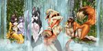  anthro areola bathing big_breasts breasts butt canine dog equine eyes_closed feline female female/female fish fluffy fluffy_tail fox group horse mammal marine nipples open_mouth outside pussy qrichy shark slightly_chubby thick_thighs tiger water waterfall wolf 