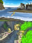  2014 5_fingers aakashi bikini blonde_hair blue_eyes cliff clothing comic digital_media_(artwork) diving female hair human jade_&quot;cascade&quot; mammal not_furry power_plant questioning radioactive_waste rismic slime swimming swimsuit transformation underwater water 