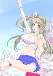  1girl arm_up breasts brown_eyes crop_top erect_nipples flower frapowa grey_hair hair_flower large_breasts leg_up long_hair looking_at_viewer love_live! love_live!_school_idol_project minami_kotori navel no_bra no_panties open_mouth skirt sparkle tank_top 