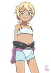  1girl bike_shorts blonde_hair child female flat_chest grin loli midriff navel original satsuyo short_hair simple_background solo sports_bra standing tomboy white_background 