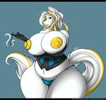  2017 anthro big_breasts blush breasts cigar cigarette equine female gin-blade hair hi_res horn huge_breasts mammal mature_female mother nipples parent simple_background smile smoke smoking solo voluptuous wide_hips yellow_nipples 