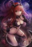  ass black_legwear blush breasts cleavage closed_mouth demon_girl eyebrows_visible_through_hair heart hisahisahisahisa jpeg_artifacts large_breasts long_hair looking_at_viewer lord_of_vermilion red_eyes red_hair revealing_clothes smile solo succubus thighhighs 