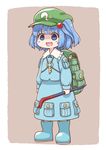  :d backpack bag blue_dress blue_eyes blue_hair blush_stickers boots chibi child commentary_request crowbar dress empty_eyes eyebrows_visible_through_hair full_body green_hat hat holding kawashiro_nitori key looking_away open_mouth poronegi pouch rubber_boots smile solo standing touhou twintails 