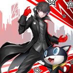  :3 :d amamiya_ren black_hair brown_eyes cat coat commentary fang gloves male_focus morgana_(persona_5) omoti_(1201208) open_clothes open_coat open_mouth pants parted_lips persona persona_5 red_gloves smile solo standing star vest 