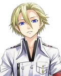  blonde_hair blue_eyes breast_pocket buttons close-up commentary daryl_yan guilty_crown hair_between_eyes high_collar highres looking_at_viewer male_focus military military_jacket military_uniform parted_lips pins pocket simple_background smile solo sugi_214 uniform white_background 