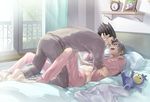  abs alarm_clock barefoot black-framed_eyewear black_hair black_pants chizuma clock closed_eyes face-to-face glasses gyakuten_saiban hand_on_another's_chest imminent_kiss indoors looking_at_another male_focus mitsurugi_reiji multiple_boys naruhodou_ryuuichi navel on_bed open_mouth pants photo_(object) pillow pink_pants silver_hair spiked_hair window yaoi 