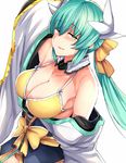  aqua_hair bikini bikini_top breasts fate/grand_order fate_(series) highres horns kiyohime_(fate/grand_order) kiyohime_(swimsuit_lancer)_(fate) large_breasts long_hair looking_at_viewer raised_eyebrows revision sabujiroko simple_background smile solo swimsuit twintails white_background yellow_bikini 