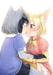  animal_ears black_hair blonde_hair blush bow commentary_request common_raccoon_(kemono_friends) eye_contact fennec_(kemono_friends) fox_ears french_kiss gloves highres kemono_friends kiss looking_at_another multicolored_hair multiple_girls nosetissue open_mouth raccoon_ears saliva short_hair short_sleeves skirt tongue tongue_out yuri 