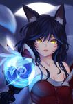  ahri akashasi animal_ears bare_shoulders blush breasts cleavage collarbone fox_ears fox_tail highres large_breasts league_of_legends long_hair looking_at_viewer nail_polish parted_lips red_nails smile solo tail upper_body yellow_eyes 