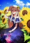  absurdres bare_shoulders blonde_hair blue_eyes blue_sky cloud day dress flower grin hat herme_(ohisashiburi) highres long_hair looking_at_viewer nebula ohisashiburi original outdoors sky smile solo space_print starry_sky_print sun_hat sunflower 