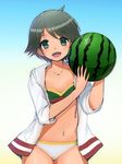  51_(akiduki) absurdres asymmetrical_bikini bikini black_hair blue_background cowboy_shot flat_chest food fruit gradient gradient_background green_eyes highres jacket kantai_collection looking_at_viewer mismatched_bikini mogami_(kantai_collection) multicolored_bikini_top open_mouth short_hair smile solo swimsuit upper_teeth watermelon white_bikini_bottom white_jacket 