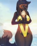  anthro bikini breasts camel_toe canine clothing dessert female food ice_cream kardie looking_at_viewer mammal outside sling_bikini smile solo standing swimsuit tongue tongue_out wide_hips 