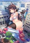  animal_ears ass black_hair blush breasts cat_ears cat_tail city cleavage cleavage_cutout craytm elbow_gloves fingerless_gloves giantess gloves highres long_hair looking_at_viewer medium_breasts midriff original red_eyes smile solo tail thighhighs 
