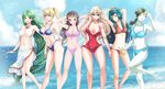  bikini black_hair blue_eyes breasts day fire_emblem fire_emblem:_kakusei green_eyes green_hair hakkai highres jewelry kid_icarus kid_icarus_uprising large_breasts lin_(ryun_vell) long_hair looking_at_viewer lucina mario_(series) metroid midriff multiple_girls navel open_mouth outdoors palutena pointy_ears ponytail princess_peach princess_zelda samus_aran sky small_breasts smile super_mario_bros. super_smash_bros. swimsuit the_legend_of_zelda the_legend_of_zelda:_twilight_princess tiara very_long_hair wasabi_(legemd) water white_skin wii_fit wii_fit_trainer yuino_(fancy_party) 