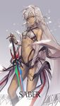  altera_(fate) bare_shoulders black_nails breasts commentary_request dark_skin detached_sleeves fate/grand_order fate_(series) looking_at_viewer midriff nail_polish navel photon_ray red_eyes revision ritsuki short_hair small_breasts solo sword veil weapon white_hair 
