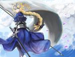  armor armored_dress bangs black_bow blonde_hair blue_dress blue_eyes bow braid capelet chain closed_mouth commentary_request dress fate/apocrypha fate_(series) faulds flag from_side hair_bow headpiece jeanne_d'arc_(fate) jeanne_d'arc_(fate)_(all) long_hair looking_at_viewer looking_to_the_side psyren2 single_braid smile solo standing sword weapon 
