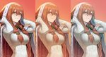  absurdres arms_up artist_name bangs bell breasts brown_hair cloak comparison eyebrows_visible_through_hair fur_trim girls_frontline green_eyes hair_bell hair_between_eyes hair_ornament haje highres hood hooded_cloak jingle_bell large_breasts long_hair looking_at_viewer m1903_springfield_(girls_frontline) multiple_views parted_lips ribbed_sweater signature smile sweater upper_body white_sweater 