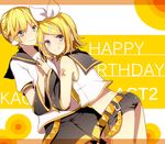  1girl aqua_eyes black_shorts blonde_hair blush brother_and_sister character_name crop_top detached_sleeves eyebrows_visible_through_hair frilled_shirt frills grin hair_between_eyes hair_ornament hair_ribbon hairband hairclip happy_birthday harusawa headphones kagamine_len kagamine_rin looking_at_viewer midriff ribbon school_uniform serafuku shiny shiny_skin shirt short_hair short_shorts short_sleeves shorts siblings sleeveless sleeveless_shirt smile vocaloid white_hairband white_ribbon white_shirt 