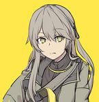  bangs black_ribbon closed_mouth commentary eyebrows_visible_through_hair girls_frontline grey_hair hair_between_eyes hair_ribbon jacket long_hair looking_at_viewer open_clothes open_jacket ribbon sidelocks simple_background sling solo star star-shaped_pupils swept_bangs symbol-shaped_pupils ump40_(girls_frontline) upper_body xiujia_yihuizi yellow_background yellow_eyes 