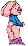  2017 anthro butt clothing digital_media_(artwork) ears_down eyewear fan_character female fur glasses half-closed_eyes itsded lagomorph legwear looking_at_viewer looking_back mammal panties pink_fur rabbit rabbit_tail rear_view simple_background skirt smile socks solo sweater underwear undressing white_background 