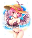  3: adapted_costume alternate_headwear animal_ears bare_shoulders beach bikini blush bow breast_rest breasts breasts_on_tray brown_bikini carried_breast_rest cleavage collarbone commentary_request cowboy_shot day feathered_wings hat hat_bow highres large_breasts leaning_forward looking_at_viewer mystia_lorelei navel osashin_(osada) pink_eyes pink_hair short_hair solo sun_hat sweatdrop swimsuit touhou tray water wings 