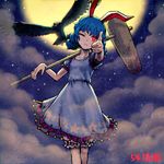  ambiguous_red_liquid animal_ears bird bloomers blue_dress blue_hair bunny_ears cloud cloudy_sky dress foreshortening full_moon holding kine lowres mallet meimaru_inuchiyo moon night night_sky one_eye_closed outdoors pointing red_eyes seiran_(touhou) sky solo standing star_(sky) starry_sky touhou underwear 