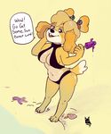  2017 5_fingers animal_crossing anthro beach bell breasts canine clothing digital_media_(artwork) dog english_text female food fur hairband hand_on_cheek isabelle_(animal_crossing) looking_at_viewer mammal navel newd nintendo popsicle pose seaside side_boob slightly_chubby smile solo standing swimsuit text under_boob video_games yellow_fur 
