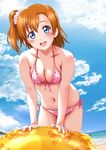  :d bangs beach bikini blue_eyes blush breasts cleavage cloud cloudy_sky day front-tie_bikini front-tie_top highres innertube keisuke_(0320030103200301) kousaka_honoka leaning_forward long_hair looking_at_viewer love_live! love_live!_school_idol_project medium_breasts navel one_side_up open_mouth orange_hair outdoors pink_bikini polka_dot polka_dot_bikini polka_dot_scrunchie scrunchie side-tie_bikini sky smile solo swimsuit 