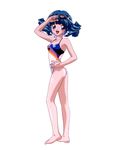  90s aqua_hair barefoot blue_eyes blush full_body goggles goggles_on_head hand_on_hip highres long_hair multicolored multicolored_clothes multicolored_swimsuit one-piece_swimsuit open_mouth rolfee simple_background solo swimsuit tadano_kazuko tonari_no_princess_rolfee white_background 