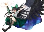  :d arm_cannon bird_wings black_footwear black_hair black_legwear black_wings boots bow breasts cape collared_shirt commentary_request from_side full_body green_bow green_skirt hair_between_eyes hair_bow large_breasts long_hair looking_at_viewer looking_to_the_side open_mouth outstretched_arms psyren2 red_eyes reiuji_utsuho shirt short_sleeves skirt smile socks solo spread_arms spread_wings third_eye touhou weapon white_shirt wings 