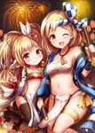  ;d animal_ears bandeau bare_shoulders beads blonde_hair blush breasts brown_eyes brown_legwear collarbone commentary_request detached_sleeves djeeta_(granblue_fantasy) drum_master_(granblue_fantasy) drumsticks feathers fireworks granblue_fantasy hachimaki hair_beads hair_feathers hair_ornament harvin headband long_hair looking_at_viewer mahira_(granblue_fantasy) medium_breasts multiple_girls navel nejiri_hachimaki one_eye_closed open_mouth pelvic_curtain sakura_ani sarashi short_hair small_breasts smile stomach thighhighs v wide_sleeves 