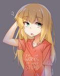  baselard blonde_hair commentary english english_commentary frame_arms_girl green_eyes grey_background hand_in_hair highres long_hair shirt sketch solo sweat t-shirt tilt-shift twitter_username 