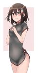  alternate_costume blush border brown_eyes brown_hair china_dress chinese_clothes dress hair_between_eyes kantai_collection rinto_(rint_rnt) sendai_(kantai_collection) short_hair sleeveless sleeveless_dress solo two_side_up white_border 