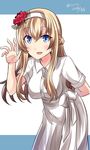  :d bent_over blonde_hair blue_eyes braid commentary_request french_braid hairband hebitsukai-san highres kantai_collection long_hair looking_at_viewer open_mouth pleated_skirt shirt skirt smile solo warspite_(kantai_collection) waving white_shirt white_skirt 