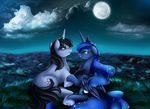  black_hair cutie_mark detailed_background equine fan_character feathered_wings feathers female feral friendship_is_magic grass hair hooves horn lying male mammal moon my_little_pony night outside pridark princess_luna_(mlp) smile unicorn winged_unicorn wings 