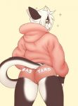  2018 anthro black_fur butt cat clothed clothing english_text feline fur green_eyes hair looking_at_viewer looking_back male mammal multicolored_fur nextel proby rear_view simple_background smile solo text two_tone_fur underwear white_fur white_hair yellow_background 
