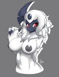  2017 absol anthro areola blush breasts feline fluffy fur hi_res looking_at_viewer mammal nintendo nipples nude pok&eacute;mon red_eyes simple_background solo video_games white_fur zzvinniezz 