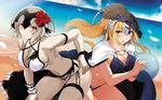  beach bent_over bikini blonde_hair blue_eyes blush breasts brown_eyes cleavage day fate/apocrypha fate/grand_order fate_(series) flower hair_flower hair_ornament hand_on_hip helmet jeanne_d'arc_(alter)_(fate) jeanne_d'arc_(fate) jeanne_d'arc_(fate)_(all) large_breasts long_hair multiple_girls navel ocean pale_skin ponytail short_hair swimsuit vane white_bikini 