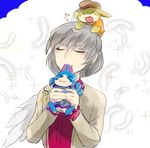  &gt;_&lt; :3 animal animal_ears animalization bunny bunny_ears chamaruku closed_eyes dress feathers grey_hair hat holding holding_animal jacket kishin_sagume multiple_girls ringo_(touhou) seiran_(touhou) slapping sparkle_background sucking sweatdrop tears touhou wings x3 