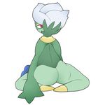  1girl absurdres ass from_behind full_body half-closed_eyes kneeling looking_at_viewer looking_back m0n1e no_humans pokemon pokemon_(creature) pokemon_dppt red_eyes roserade silver_hair simple_background sitting solo spread_legs white_background 